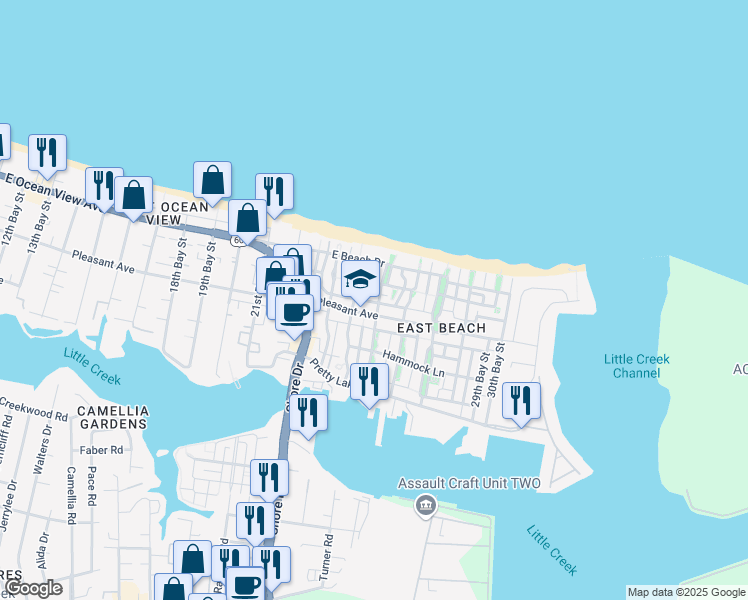 map of restaurants, bars, coffee shops, grocery stores, and more near 9631 25th Bay Street in Norfolk