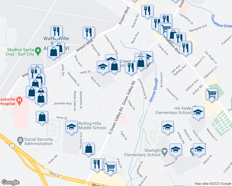map of restaurants, bars, coffee shops, grocery stores, and more near 501 South Green Valley Road in Watsonville