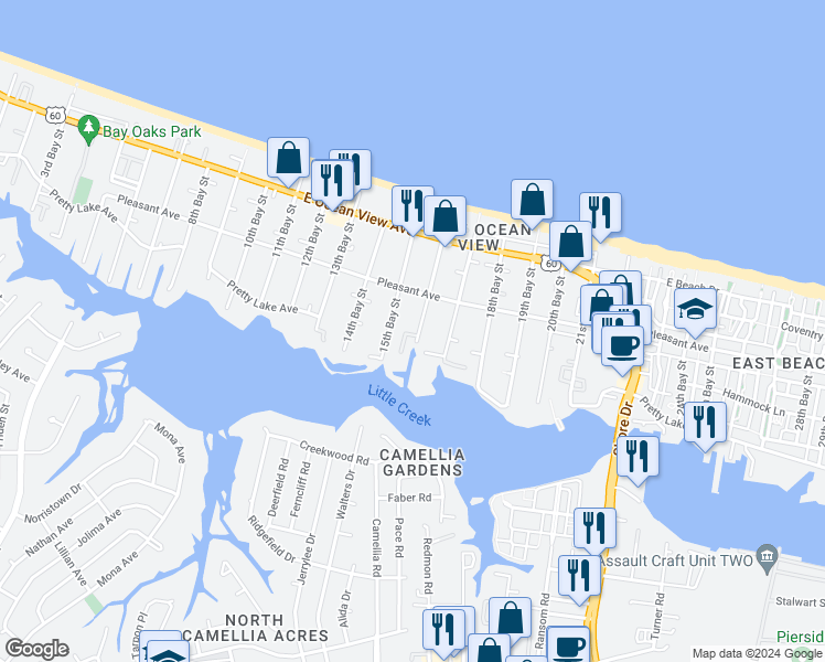 map of restaurants, bars, coffee shops, grocery stores, and more near 9543 16th Bay Street in Norfolk