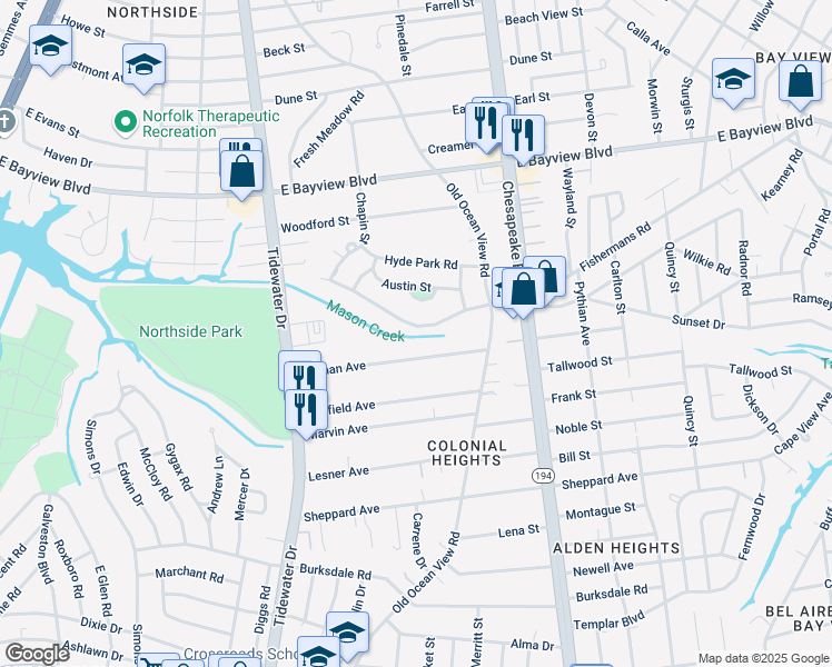 map of restaurants, bars, coffee shops, grocery stores, and more near 527 Fishermans Road in Norfolk
