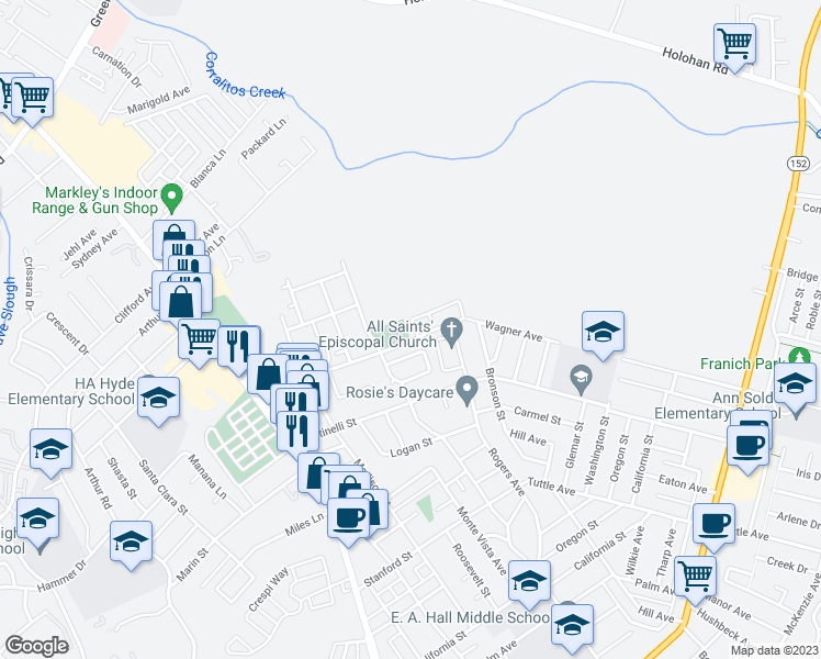 map of restaurants, bars, coffee shops, grocery stores, and more near 109 Brookshire Drive in Watsonville