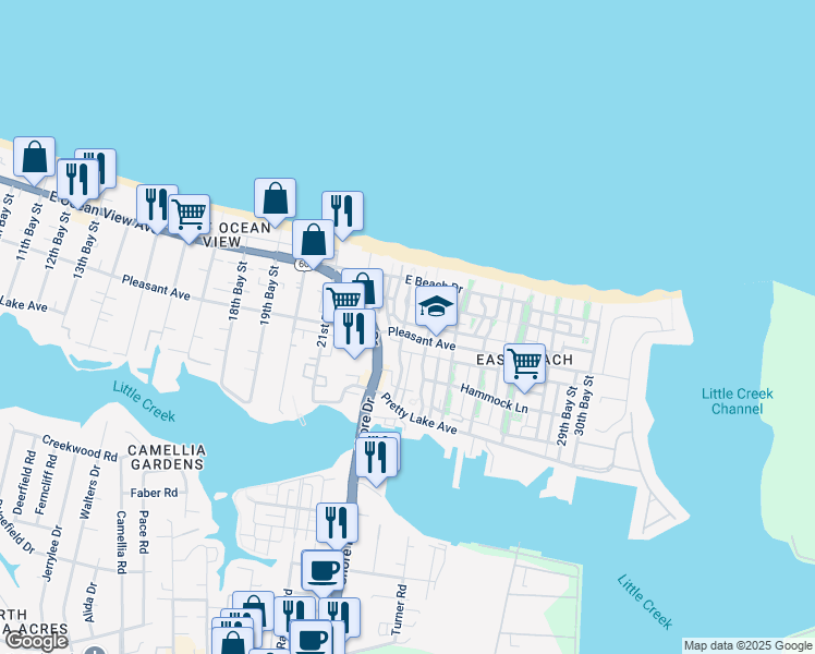 map of restaurants, bars, coffee shops, grocery stores, and more near 4400 Pleasant Avenue in Norfolk
