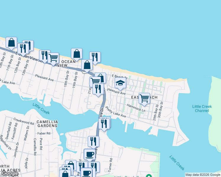 map of restaurants, bars, coffee shops, grocery stores, and more near 4400 Pleasant Avenue in Norfolk