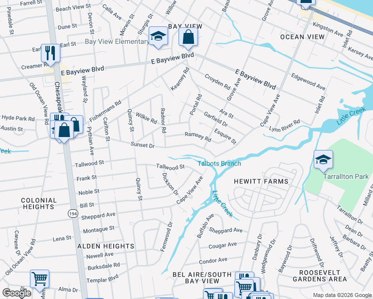 map of restaurants, bars, coffee shops, grocery stores, and more near 1429 Sunset Drive in Norfolk