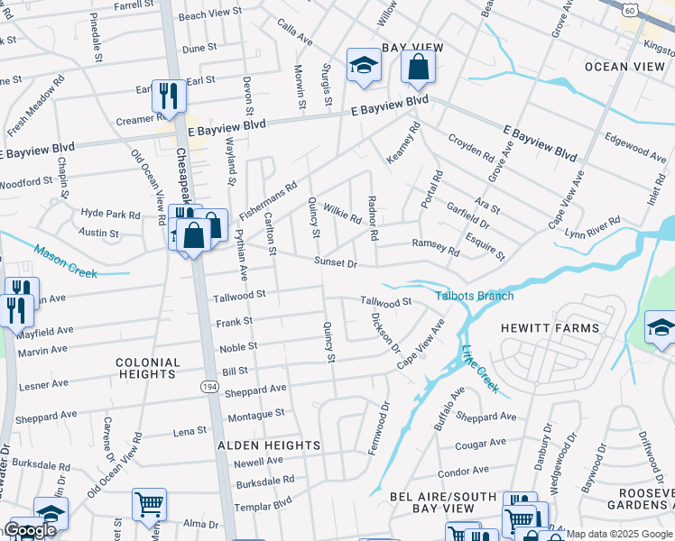 map of restaurants, bars, coffee shops, grocery stores, and more near 8422 Quincy Street in Norfolk