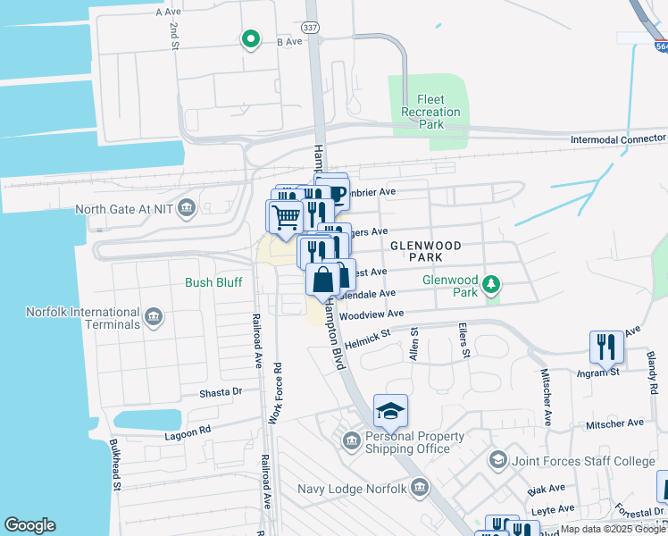 map of restaurants, bars, coffee shops, grocery stores, and more near 110 Forrest Avenue in Norfolk