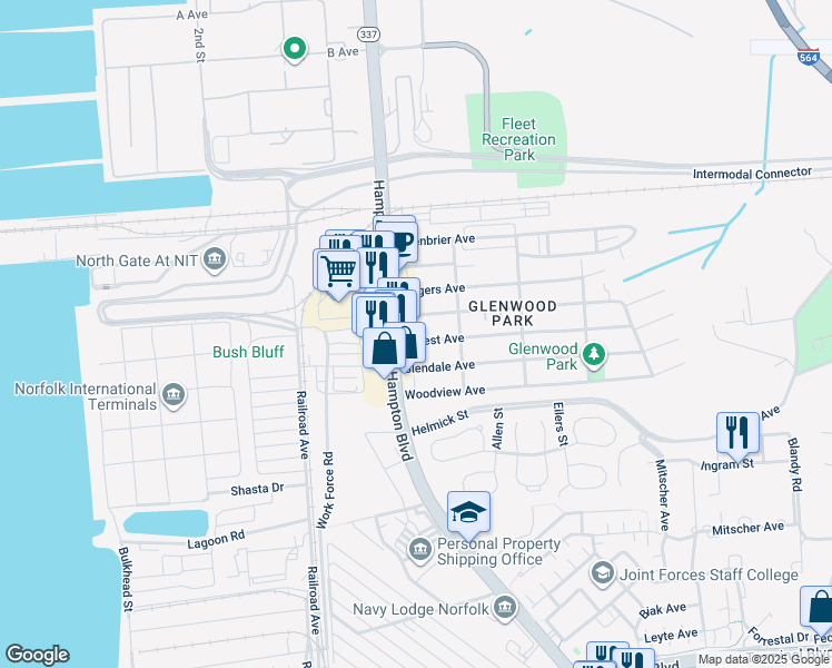 map of restaurants, bars, coffee shops, grocery stores, and more near 110 Forrest Avenue in Norfolk