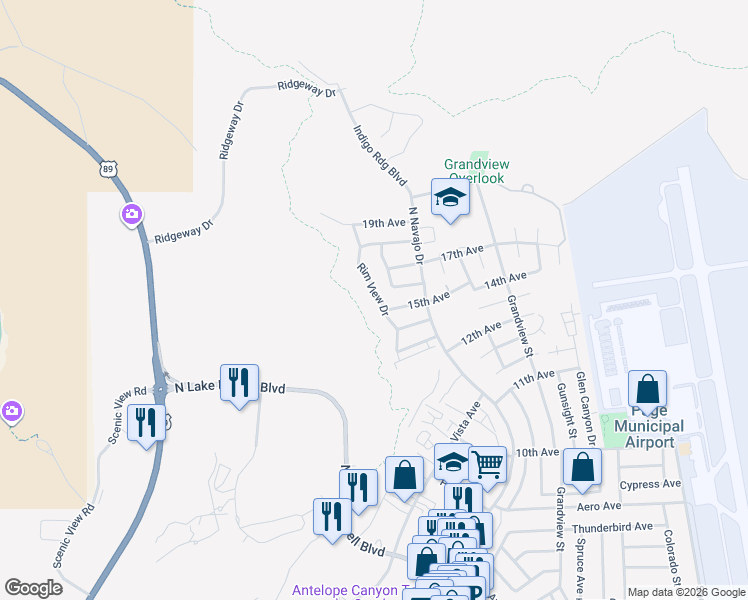 map of restaurants, bars, coffee shops, grocery stores, and more near 1514 Rim View Drive in Page