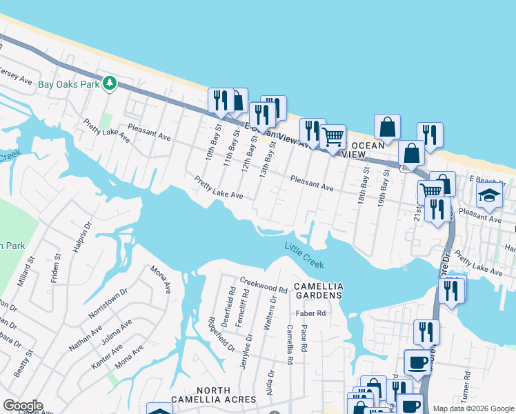 map of restaurants, bars, coffee shops, grocery stores, and more near 9518 13th Bay Street in Norfolk