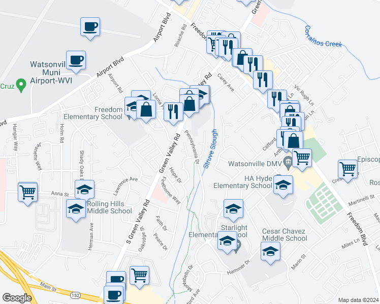 map of restaurants, bars, coffee shops, grocery stores, and more near 24 Bright View Lane in Watsonville