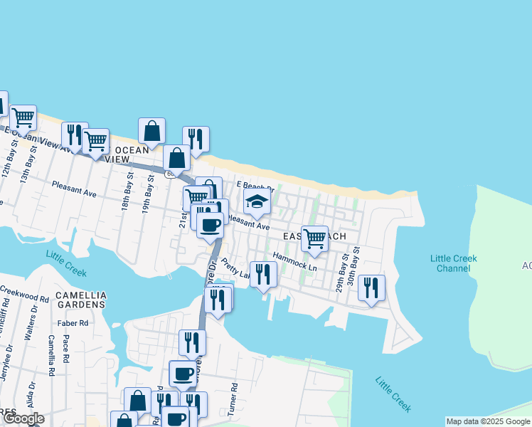 map of restaurants, bars, coffee shops, grocery stores, and more near 9635 25th Bay Street in Norfolk