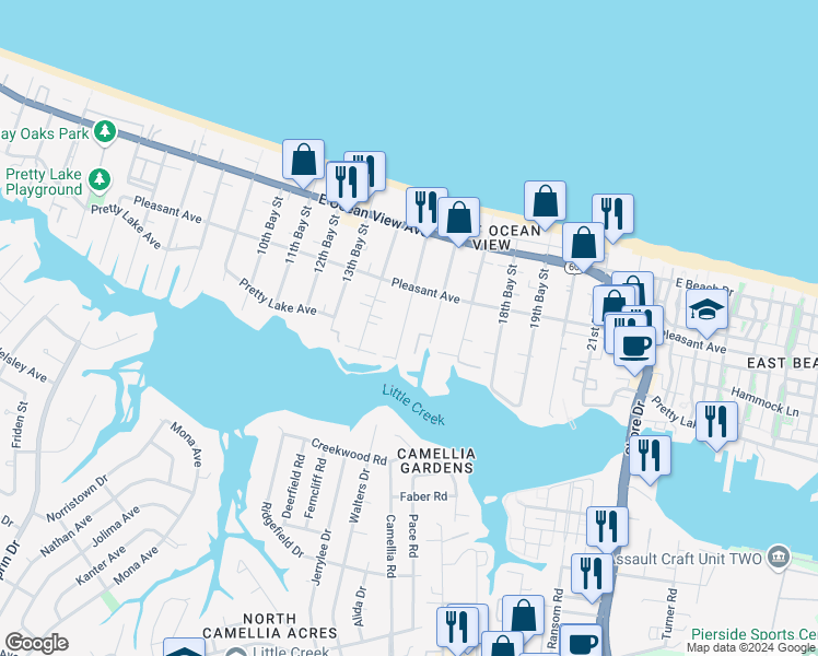 map of restaurants, bars, coffee shops, grocery stores, and more near 9543 16th Bay Street in Norfolk