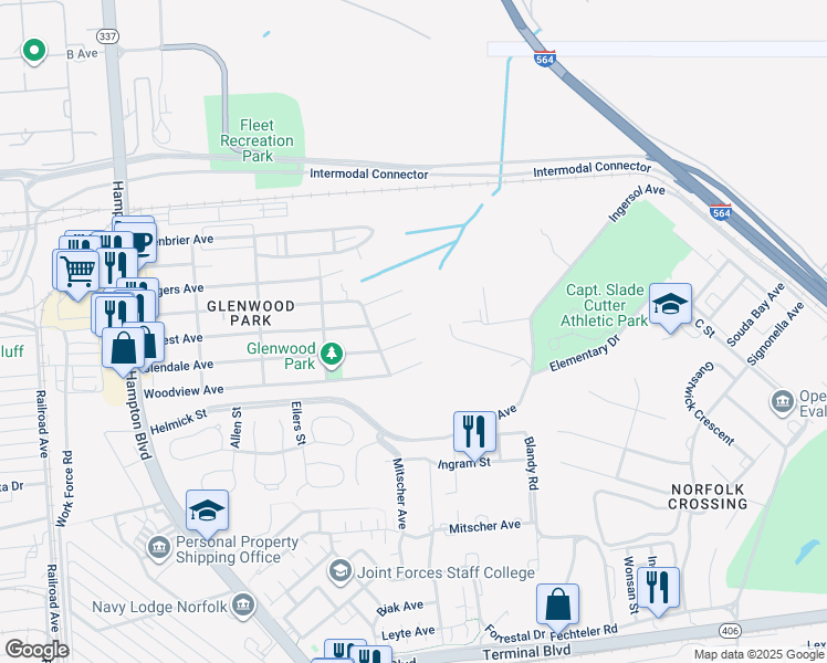 map of restaurants, bars, coffee shops, grocery stores, and more near 526 Glendale Avenue in Norfolk