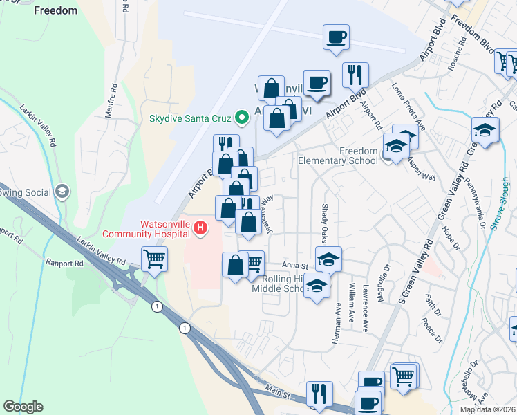 map of restaurants, bars, coffee shops, grocery stores, and more near 52 Jeanette Way in Watsonville