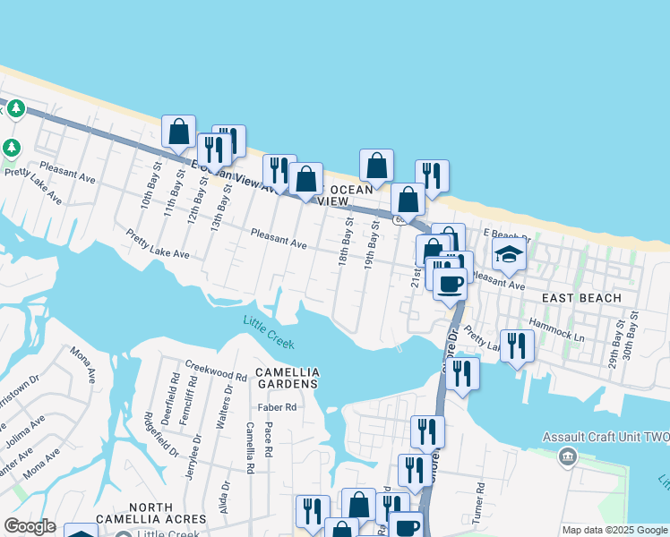 map of restaurants, bars, coffee shops, grocery stores, and more near 9551 18th Bay Street in Norfolk