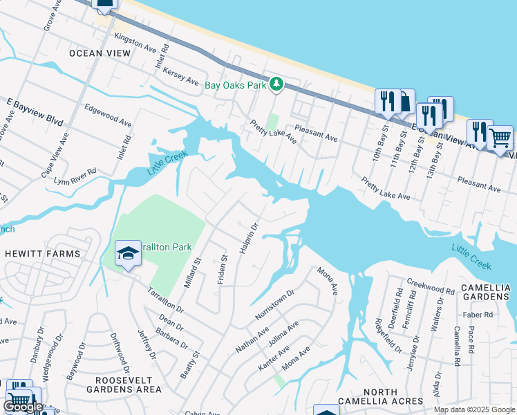 map of restaurants, bars, coffee shops, grocery stores, and more near 8529 Halprin Drive in Norfolk