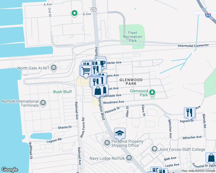 map of restaurants, bars, coffee shops, grocery stores, and more near 110 Forrest Avenue in Norfolk