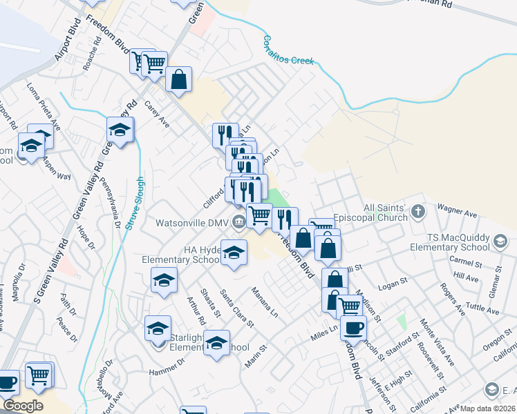 map of restaurants, bars, coffee shops, grocery stores, and more near 1467 Freedom Blvd in Watsonville