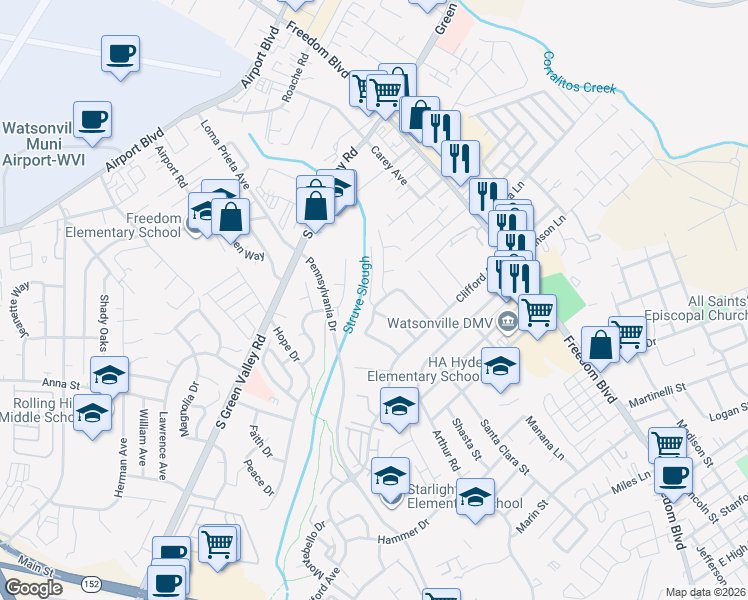 map of restaurants, bars, coffee shops, grocery stores, and more near 90 Crescent Drive in Watsonville