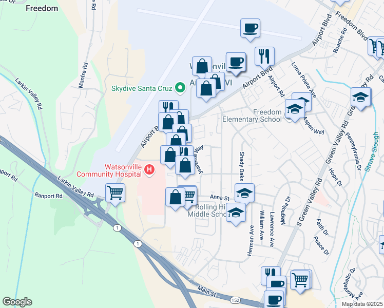 map of restaurants, bars, coffee shops, grocery stores, and more near 52 Jeanette Way in Watsonville