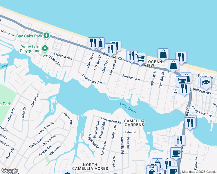 map of restaurants, bars, coffee shops, grocery stores, and more near 9520 13th Bay Street in Norfolk