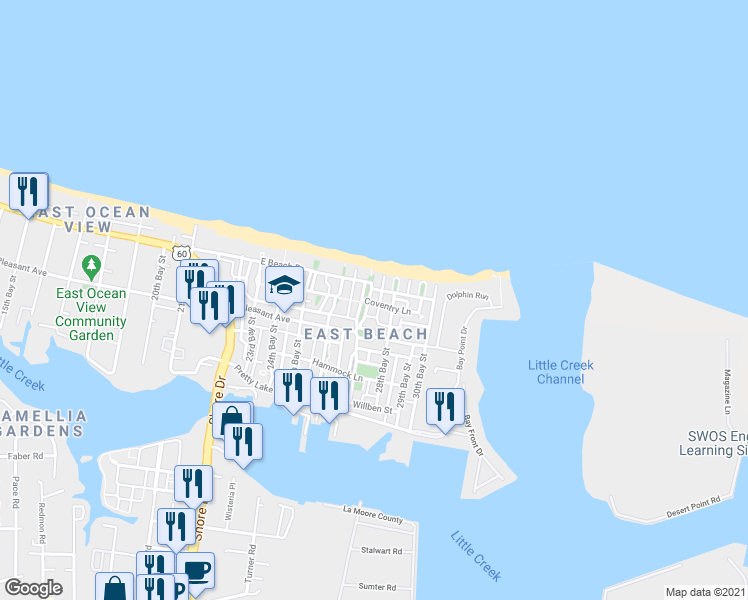 map of restaurants, bars, coffee shops, grocery stores, and more near 9652 27th Bay Street in Norfolk
