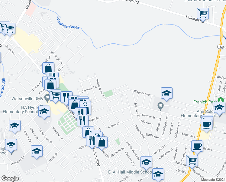 map of restaurants, bars, coffee shops, grocery stores, and more near 117 Brookshire Drive in Watsonville