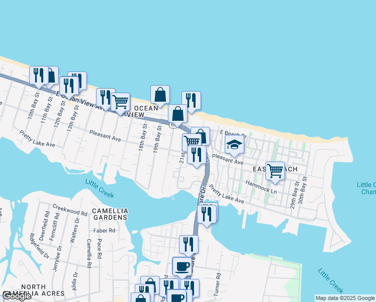 map of restaurants, bars, coffee shops, grocery stores, and more near 9581 Shore Drive in Norfolk