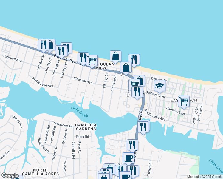 map of restaurants, bars, coffee shops, grocery stores, and more near 9570 19th Bay Street in Norfolk