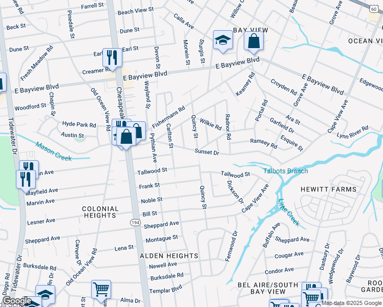 map of restaurants, bars, coffee shops, grocery stores, and more near 8424 Carlton Street in Norfolk