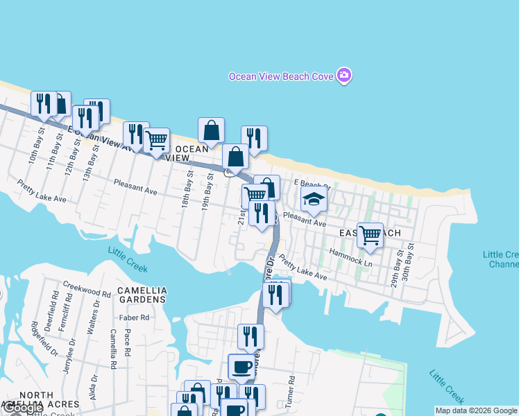 map of restaurants, bars, coffee shops, grocery stores, and more near 9581 Shore Drive in Norfolk