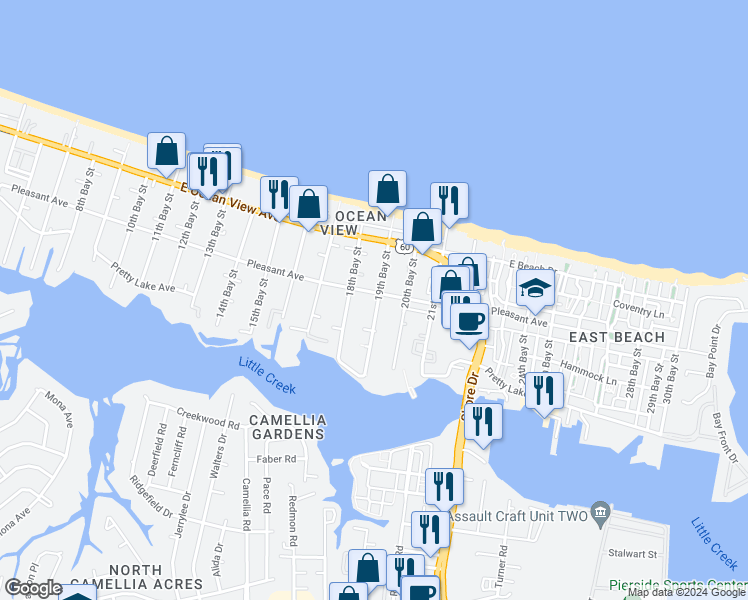 map of restaurants, bars, coffee shops, grocery stores, and more near 9581 19th Bay Street in Norfolk