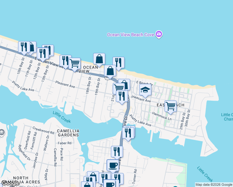 map of restaurants, bars, coffee shops, grocery stores, and more near 9581 Shore Drive in Norfolk