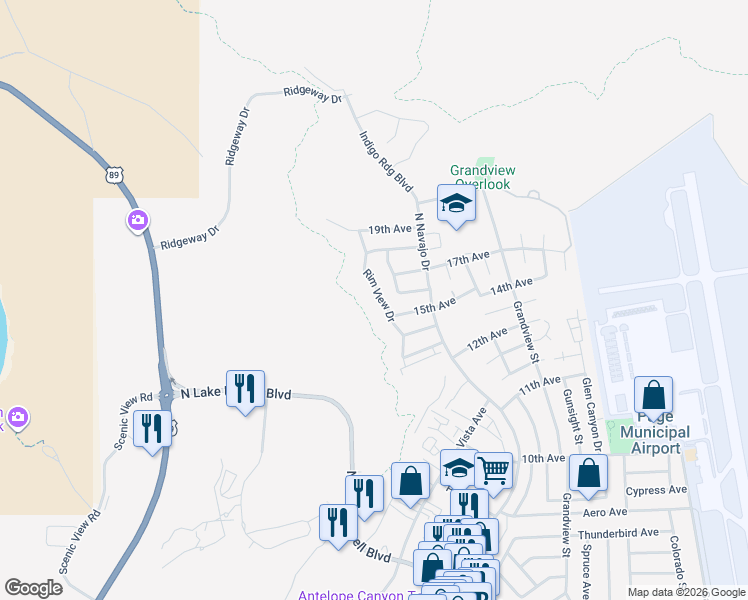 map of restaurants, bars, coffee shops, grocery stores, and more near 1514 Rim View Drive in Page