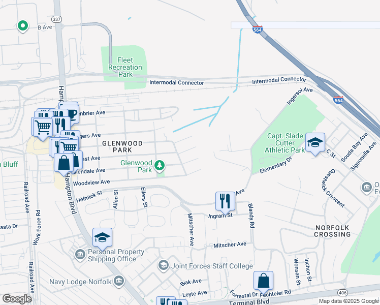 map of restaurants, bars, coffee shops, grocery stores, and more near 517 Forrest Avenue in Norfolk