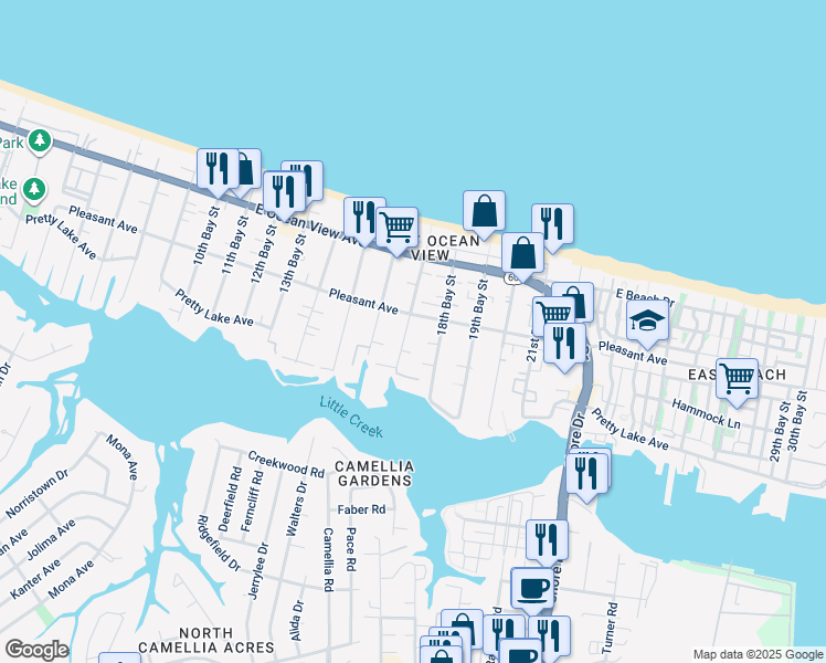 map of restaurants, bars, coffee shops, grocery stores, and more near 9552 17th Bay Street in Norfolk