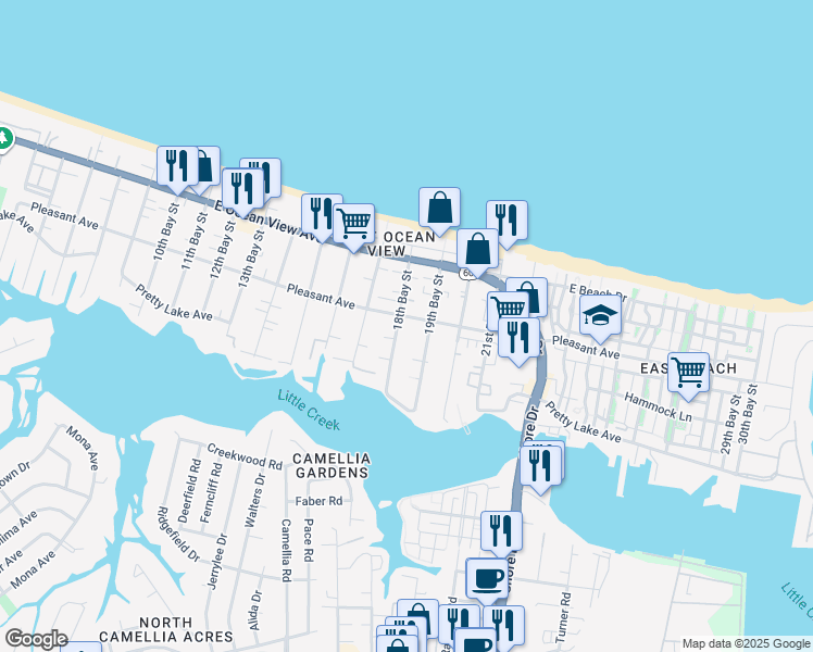map of restaurants, bars, coffee shops, grocery stores, and more near 9551 18th Bay Street in Norfolk