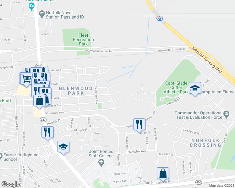 map of restaurants, bars, coffee shops, grocery stores, and more near 517 Forrest Avenue in Norfolk