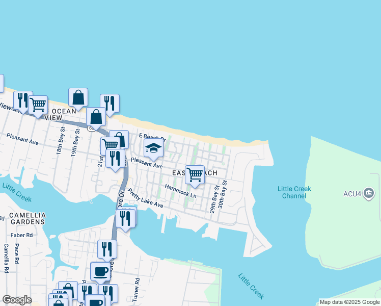 map of restaurants, bars, coffee shops, grocery stores, and more near 9657 27th Bay Street in Norfolk