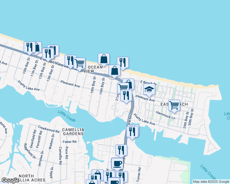 map of restaurants, bars, coffee shops, grocery stores, and more near 4018 Pleasant Avenue in Norfolk