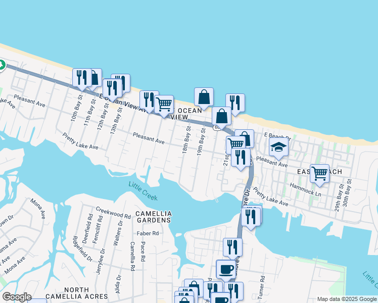 map of restaurants, bars, coffee shops, grocery stores, and more near 9551 18th Bay Street in Norfolk