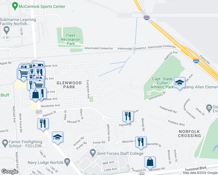 map of restaurants, bars, coffee shops, grocery stores, and more near 521 Forrest Avenue in Norfolk