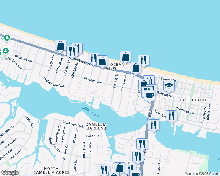 map of restaurants, bars, coffee shops, grocery stores, and more near 9557 18th Bay Street in Norfolk