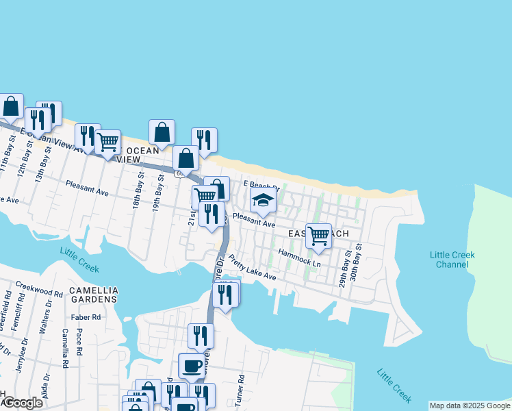 map of restaurants, bars, coffee shops, grocery stores, and more near 4400 Pleasant Avenue in Norfolk