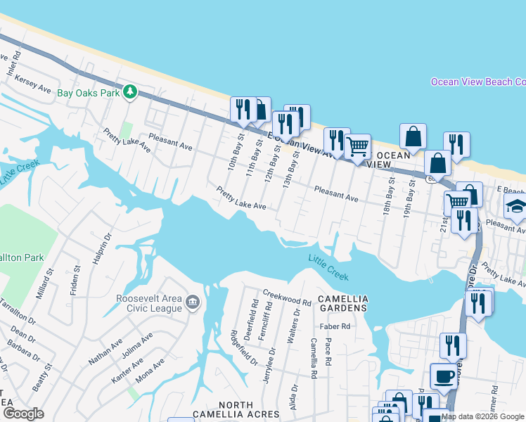 map of restaurants, bars, coffee shops, grocery stores, and more near 3205 Pretty Lake Avenue in Norfolk