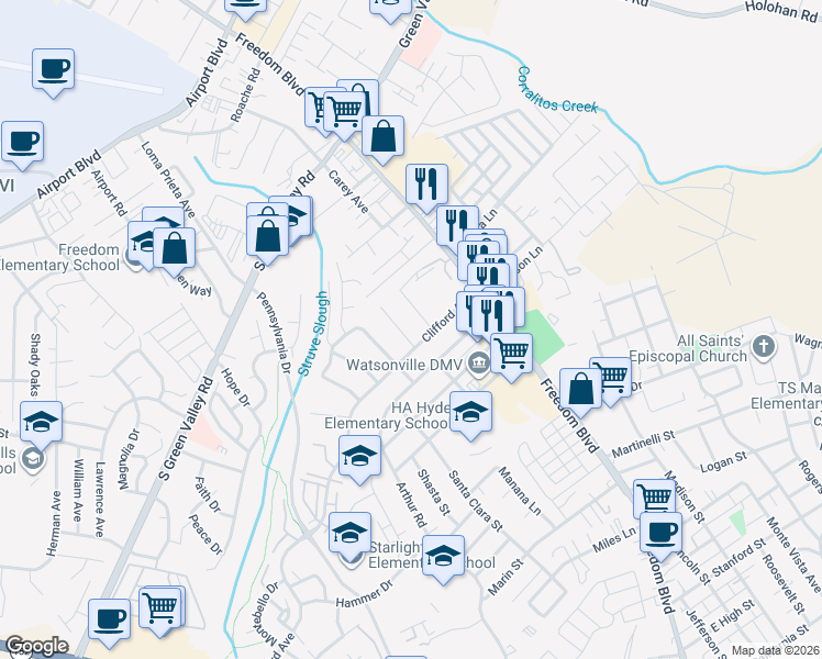 map of restaurants, bars, coffee shops, grocery stores, and more near 14 Crescent Drive in Watsonville
