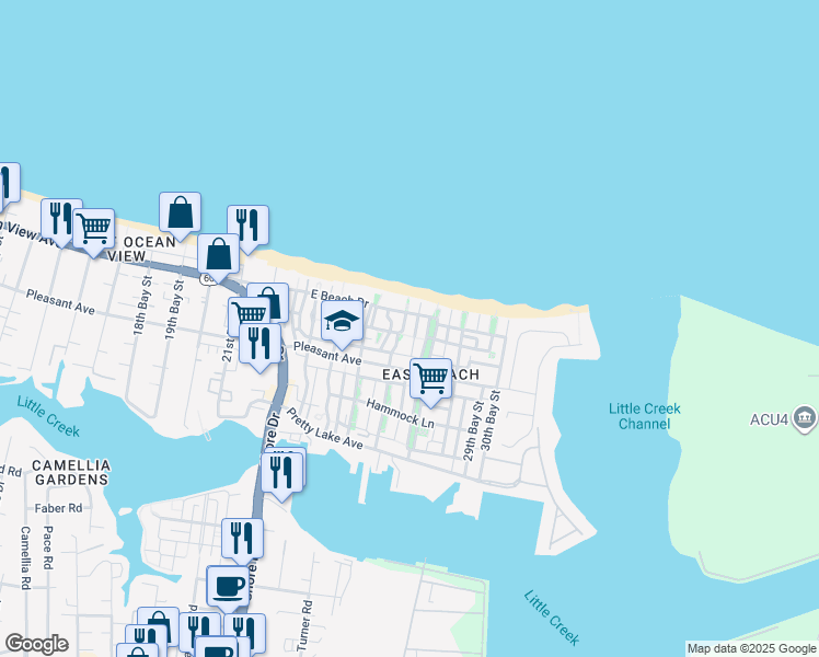 map of restaurants, bars, coffee shops, grocery stores, and more near 9630 26th Bay Street in Norfolk