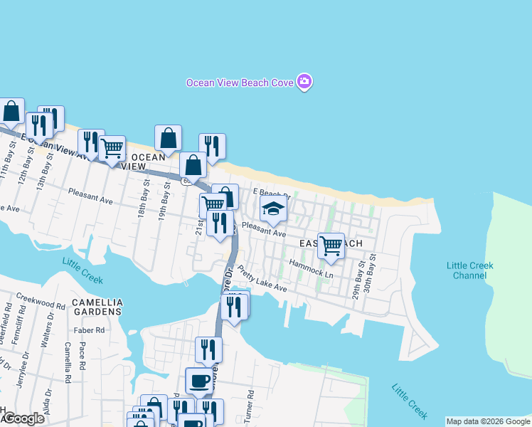 map of restaurants, bars, coffee shops, grocery stores, and more near 4400 Pleasant Avenue in Norfolk