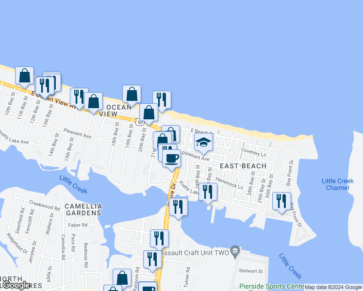 map of restaurants, bars, coffee shops, grocery stores, and more near 9698 Nansemond Bay Street in Norfolk