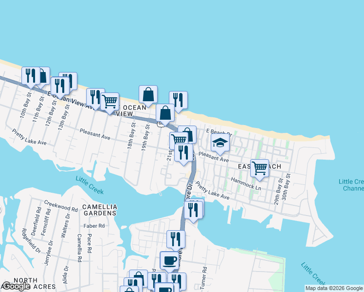 map of restaurants, bars, coffee shops, grocery stores, and more near 9581 Shore Drive in Norfolk